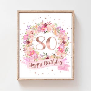 80er Geburtstag Zeichen Rosegold, glücklich 80. Mutter Blumen, Großmutter 80 Jahre, 80. Blumen Oma Geschenk, digitaler Download druckbare, P45