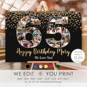 Benutzerdefinierte 65 Geburtstag Foto-Collage, 65-jähriges Jubiläum Collage, 65 Zahlen Bilder Poster, Frau, Mann, personalisiert, Digitale Datei druckbare