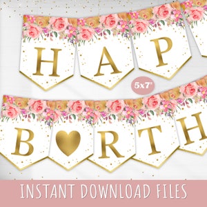 Happy Birthday Printable Banner, Floral, Pink Gold, Birthday Bunting Flag, Instant Download, P44