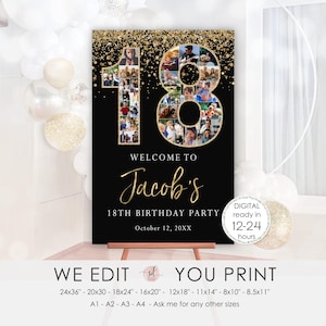 Collage de fotos de cumpleaños número 18, cartel de bienvenida de 18 años, póster de cumpleaños personalizado, tablero de 18 imágenes para hijo, hija, archivo digital imprimible