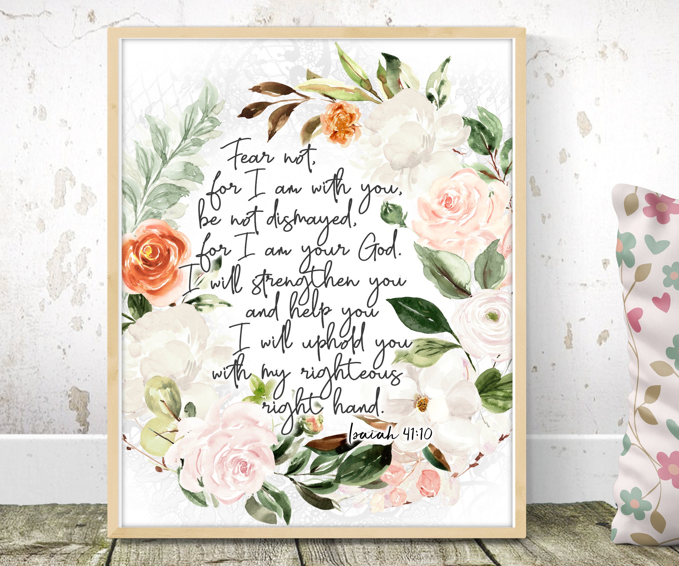 Isaiah 41:10 With Floral Watercolour Border Wall Art Print