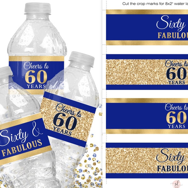 Blue Gold 60th Birthday Water Bottle Labels, 60th Party Favors, Sixty and Fabulous, 60th Decorations, Instant DOWNLOAD Printable, P70