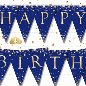 Happy Birthday Banner, Blue Gold Birthday Flags, Printable Birthday Garland, Birthday Pennant, PRINTABLE Digital Instant Download P70