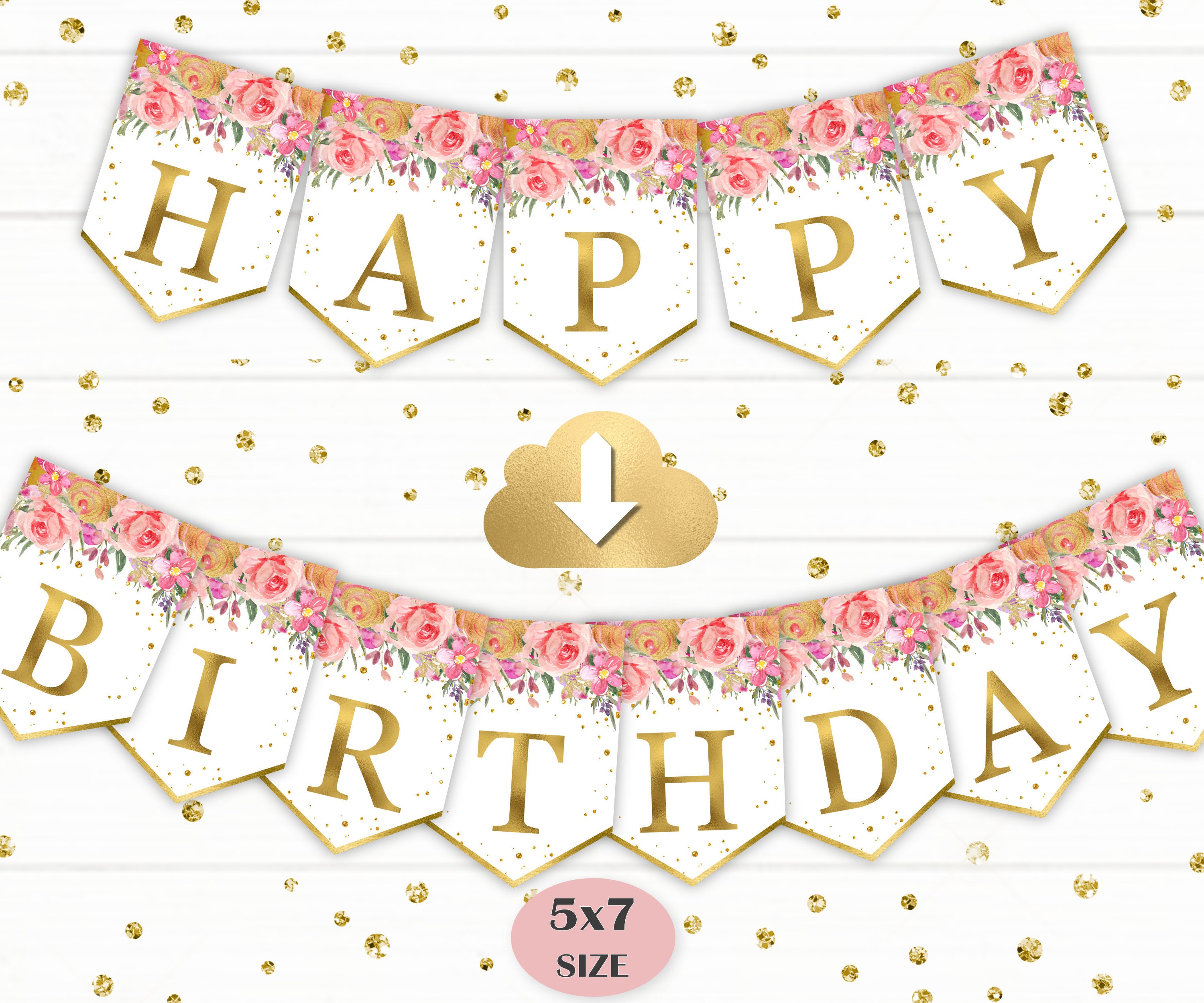 Happy Birthday Printable Banner Floral Pink Gold Birthday - Etsy
