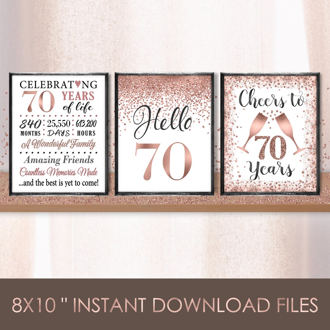 70th Birthday Signs, Rose Gold 70th Party Bundle, Cheers to 70 Years ...