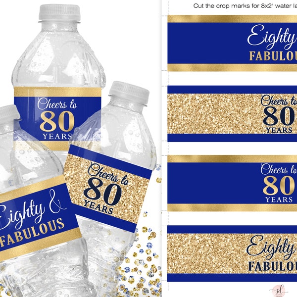 Blue Gold 80th Birthday Water Bottle Labels, 80th Party Favors, Eighty and Fabulous, Instant DOWNLOAD Printable, P70