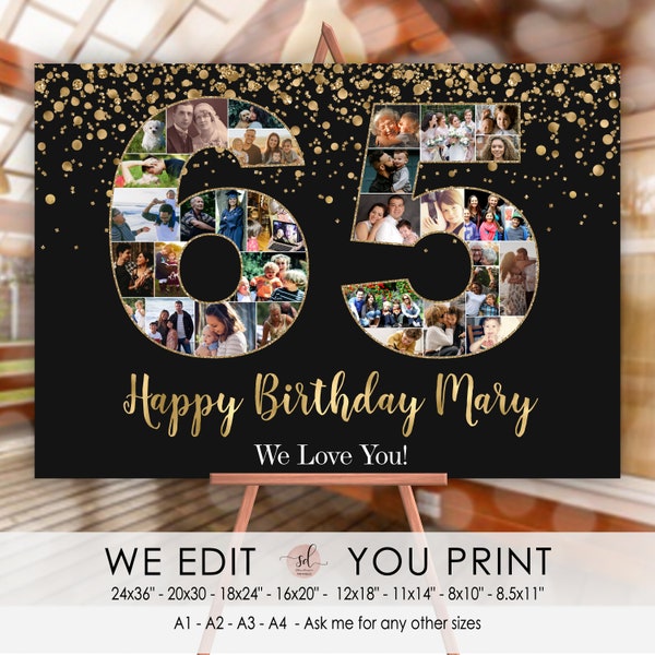 65th Birthday Photo Collage, 65th Anniversary Collage, 65 Number Pictures, 65 Photo Poster, Woman, Man, Personalized, Digital File Printable