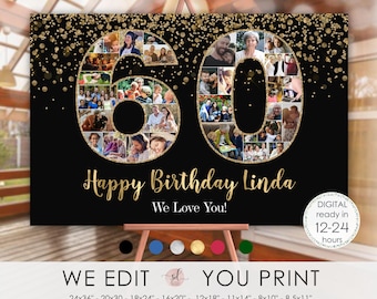60th Birthday Photo Collage, 60th Anniversary Collage, 60 Number Pictures, 60th Board for Woman or Man, Personalized, Digital File Printable