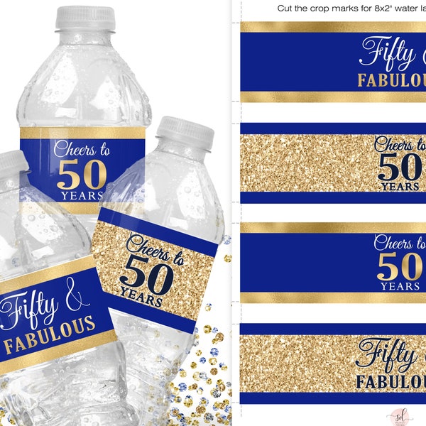 Blue Gold 50th Birthday Water Bottle Labels, 50th Party Favors, 50th Decorations, Wrappers, Instant DOWNLOAD Printable, P70