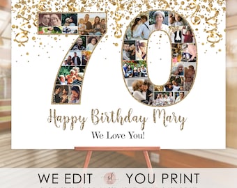 70th Birthday Photo Collage, 70th Anniversary Collage, 70 Number Pictures, 70 Photo Welcome Sign, Personalized, Digital File Printable