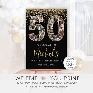 50th Birthday Photo Collage, 50th Welcome Sign, Personalized Birthday Poster, 50th Picture Board, Man or Woman, Digital File Printable