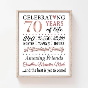 Cartel con datos sobre el 70.° cumpleaños, decoración de oro rosa para el 70.° cumpleaños, póster de 70 años, meses y días, mujer que cumple 70 años, descarga imprimible P92