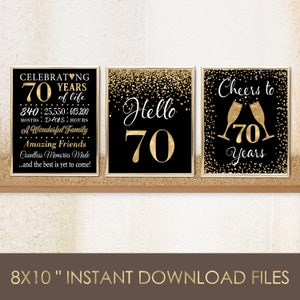 Cartel de saludos por los 70 años, Hola 70, Cumpleaños en oro negro, 70 años, meses, días, descarga instantánea, pág. 11
