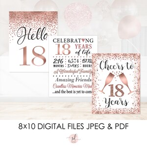 Hello 18 Sign, Cheers To 18 Years, Happy Rose Gold 18th Girl Birthday, Digital Download p92