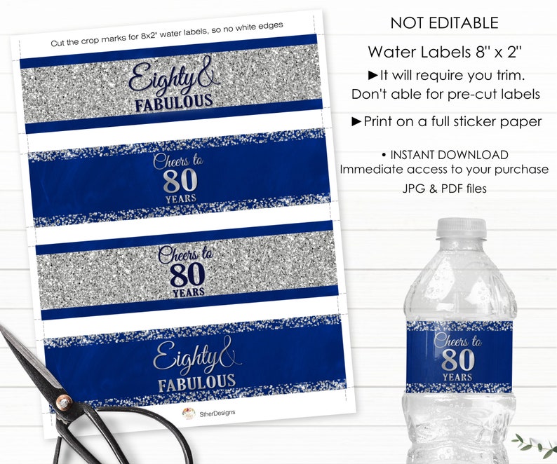 blue-silver-80th-birthday-water-bottle-labels-80th-party-etsy