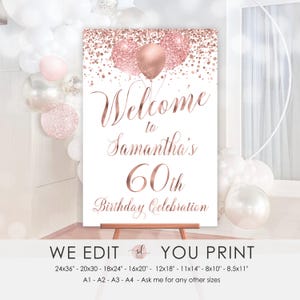 Letrero de bienvenida de cumpleaños en oro rosa, 30, 40, 50, 60, letrero con globos, cumpleaños de mujer, imprimible digital personalizado, P92