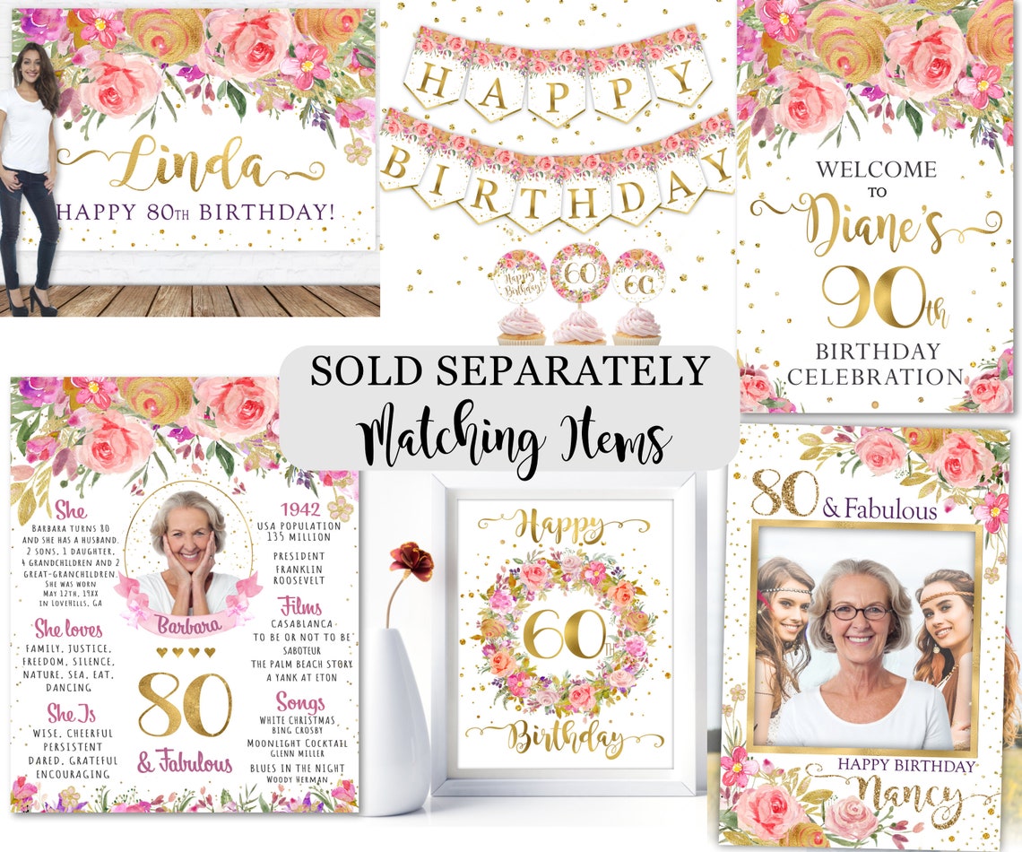 Happy 70th Birthday Printable Banner Floral Pink Gold 70th | Etsy