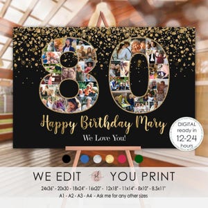 Collage de fotos personalizado para 80 cumpleaños, póster del 80.º aniversario, imágenes de 80 números, mujer, hombre, personalizado, archivo digital imprimible