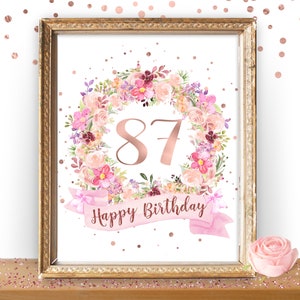 87th Birthday Sign, Happy 87th Birthday, Floral Birthday Decor, 87th Grandma, Birthday Mom Printable Instant Download Digital, P45