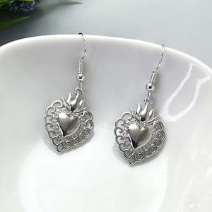 Secred Herat Earrings, Silver Flaming Heart Earrings, Religious Gift For Her.