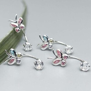 Butterfly Front Back Earrings – Sterling Silver CZ Studs – Pink Zirconia Earrings – Gift for Women – Dainty Elegant Jewelry