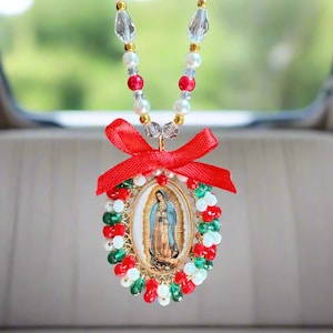 Virgin Guadalupe Car Charm – Rear View Mirror Decor – Mexican Flag Beads – Catholic Car Accessory – Religious Gift for Her