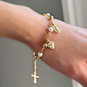 Pulsera Rosario Virgen María, Oro 18K Relleno, Pulsera Católica, Regalo Joyería Mujer.