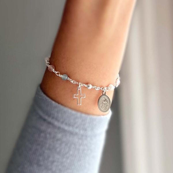 Fertility Rosary Bracelet, 925 Sterling Silver, Aquamarine, Rose Quartz, Moonstone, Delicate Pregnancy Bracelet, IVF Gift.