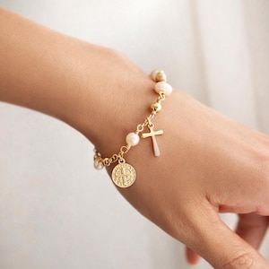 Saint Benedict Rosary Bracelet — 18K Gold Filled — Freshwater Pearl Catholic Bracelet — Religious Women Gift