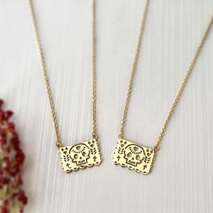 Papel Picado gouden ketting, 18 kt verguld, Dia de Muertos-sieraden, Mexicaanse damessieraden.