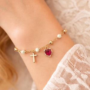Sacred Heart Rosary Bracelet – 18K Gold Filled – Mother of Pearl – Catholic Bracelet – Religious Gift