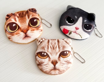 Cat Face Wallet, Cat Zipper Purse, Cat Key chain, Cat Lover Gift.