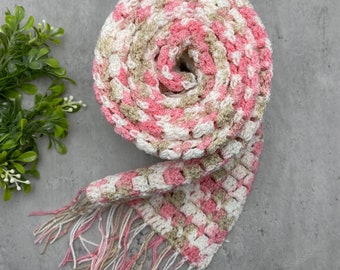 Long Knitted Scarf, Multicolor Scarf Gift, Checker Scarf Gift, Pink Crochet Scarf, Long Scarf For Women Gift.