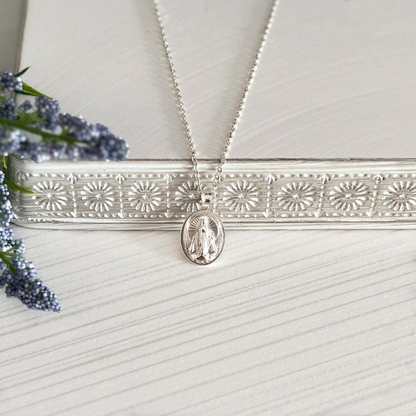 Miraculous Mary Necklace, 925 Sterling Silver Miraculous Medal, Religious Gift For Her.