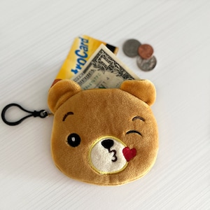 Bolsa de moedas de urso fofa, bolsa de urso bordado, carteira de moedas com zíper e chaveiro, presente de bolsa infantil.