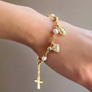 Virgin Mary Rosary Bracelet – 18K Gold Filled – Catholic Bracelet for Women – Religious Gift – Freshwater Pearl Cross Bracelet