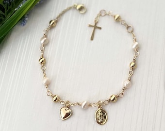Virgin Mary Rosary Bracelet, 18K Gold Filled, Catholic Bracelet Gift.