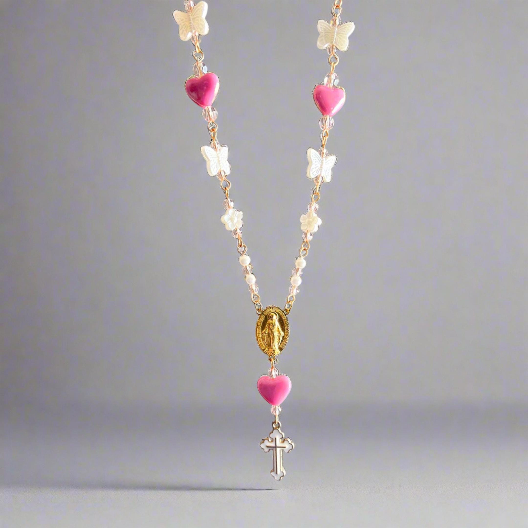 Chapelet De Voiture à Suspendre Au Rétroviseur - Ornement Religieux Croix, Perles Roses, Pour Baptême, Communion (18 Cm)