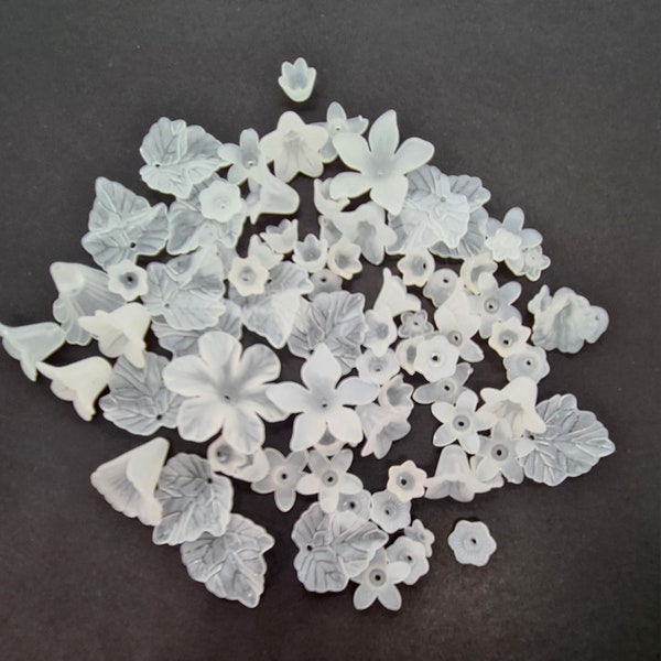 Flower beads 25g of white frosted acrylic flowers and leaves dyable