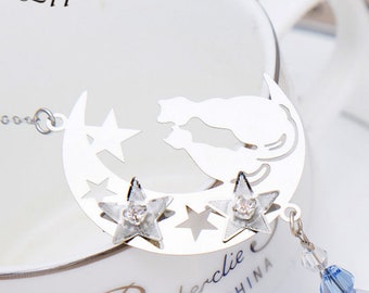 3D silver moon with stars & cats, suncatcher pendant, connector