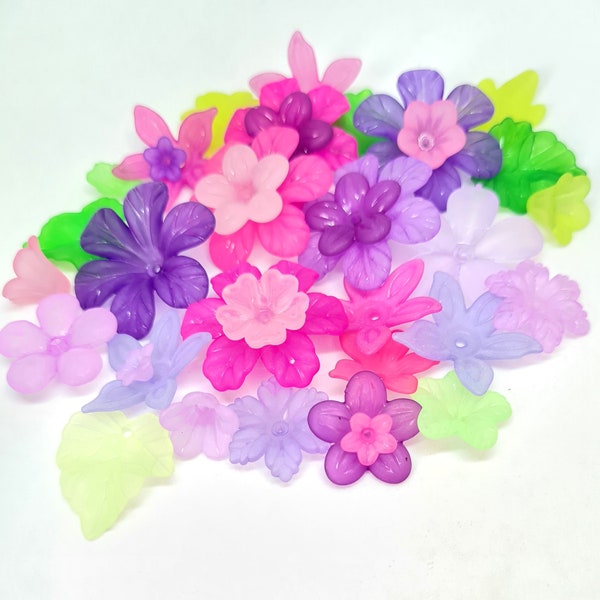 Frosted pink and purple flower beads plus leaves 25g