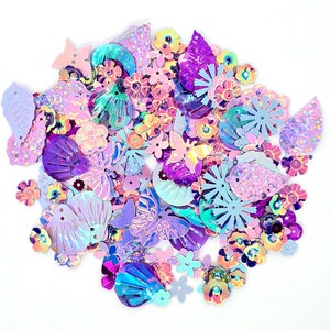 Purple mixed sequins flowers, leaves, butterflies & shells