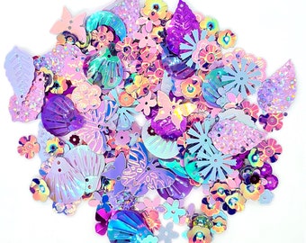 Purple mixed sequins flowers, leaves, butterflies & shells