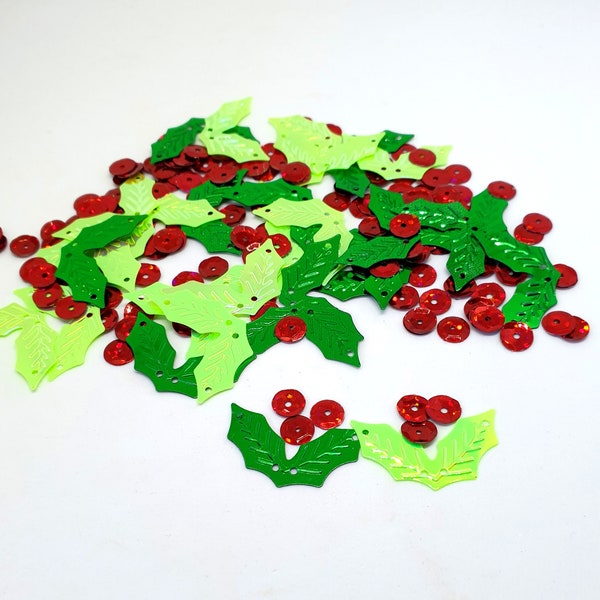 Holly & berries sequins, 180pcs 30 leaves 25 x 17mm, 150 berries 6mm