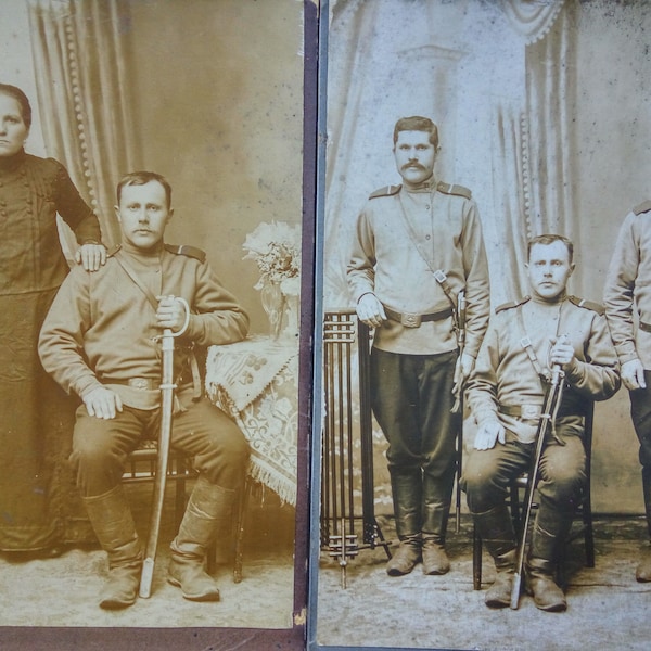 1900 cabinet photographs of the cavalry military family (Russian Empire); two WWI vintage family photographs of cavalry husband and wife