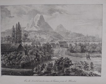 Original mid 1800s Empire lithograph: Vue du Kasbek; litho print of the Caucasus mountains; antique empire lithograph