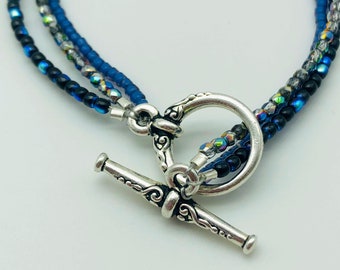 Blue and Silver Handmade Beaded Bracelet.