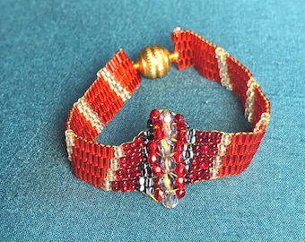 Cuff Bracelet, Red Beaded Peyote Band with Wave