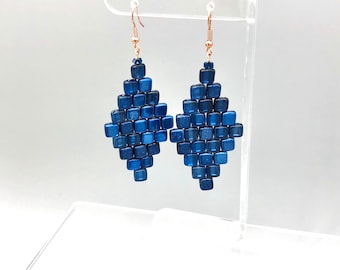 Blue drop diamond shaped earrings - Handmade Chandelier, Beaded, glass earrings