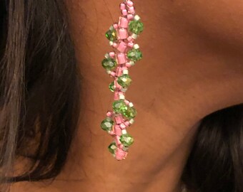 Crystal, drop earrings,  pink and green, spiral beaded earrings
